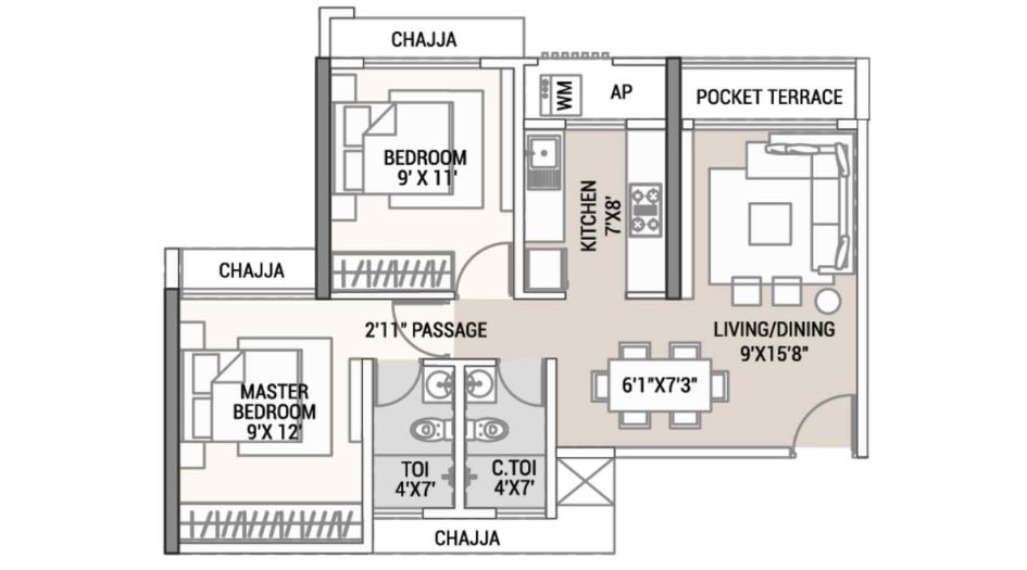 Tricity-Aura-Floor-Plan-2-BHK-Balcony