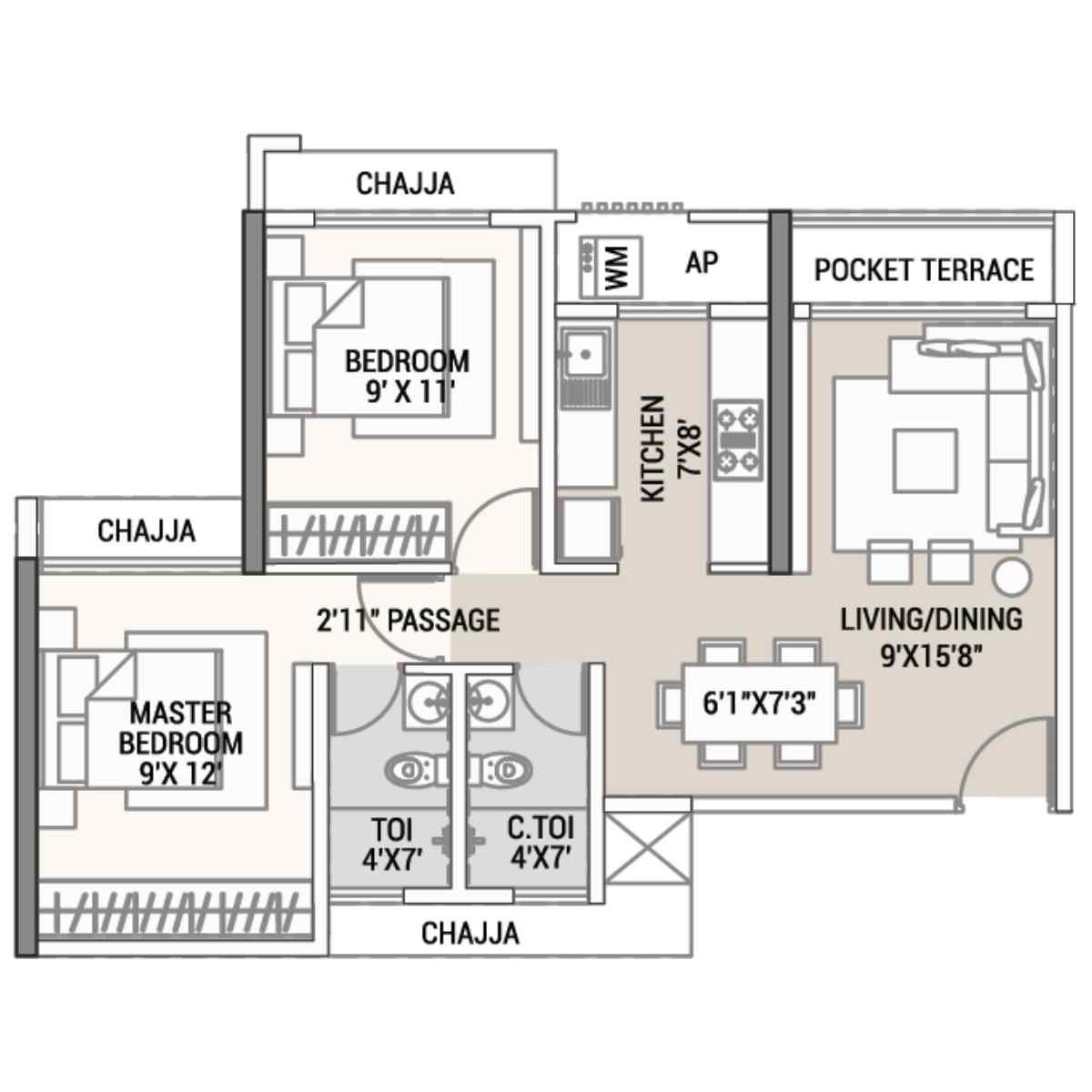 Tricity-Aura-Floor-Plan-2-BHK-Balcony